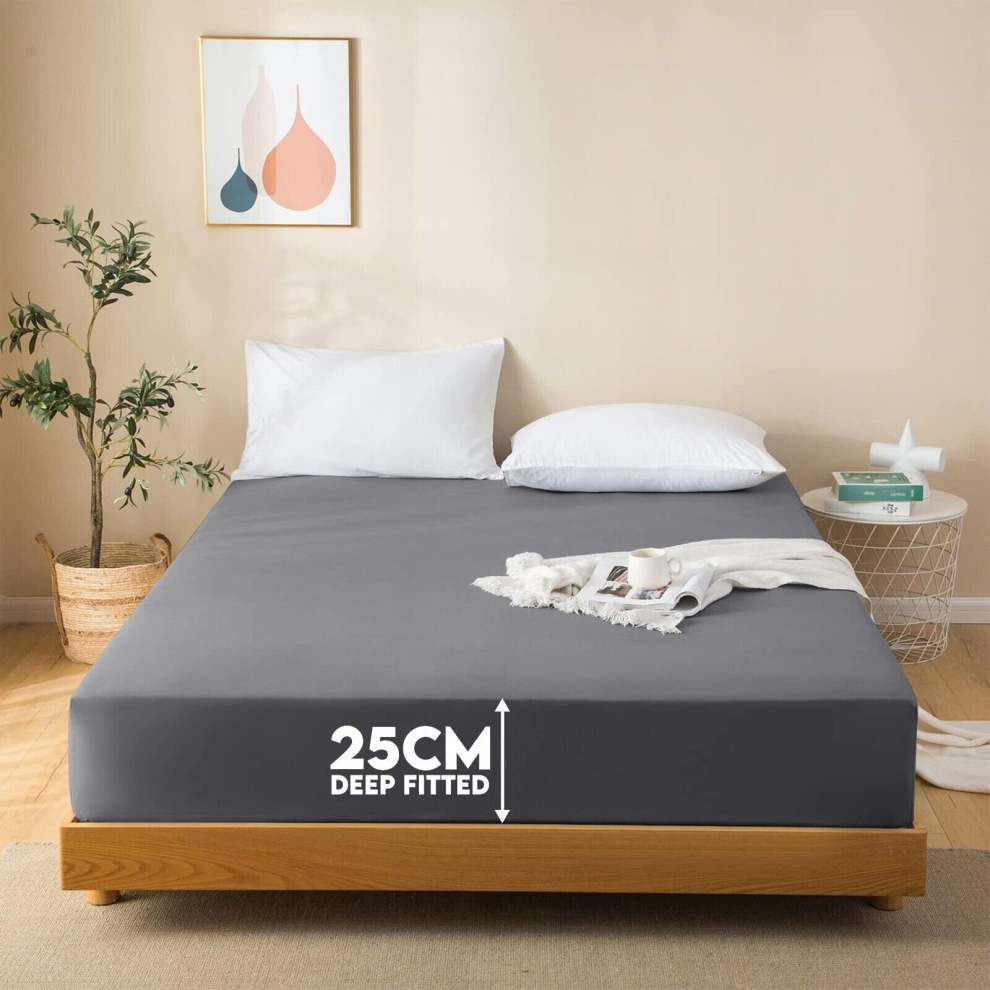 (GREY, SINGLE) Fitted Bed Sheets Extra Deep 25cm Single Double King Sizes Brushed Microfiber Mattress Cover