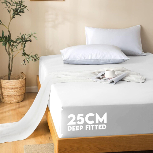 (WHITE, SUPER KING) Fitted Bed Sheets Extra Deep 25cm Single Double