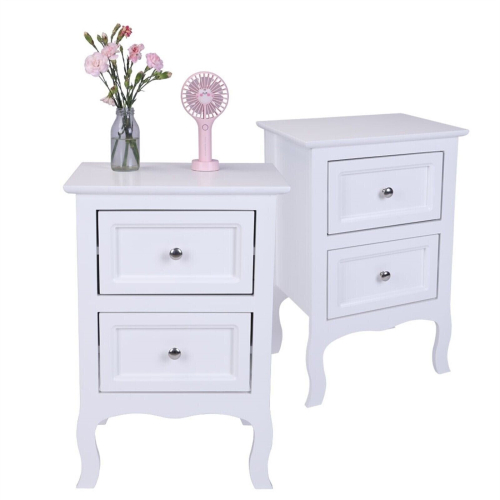 2Pcs Two-Tier Bedroom Night Table 2 Drawers Bedside Cabinet White
