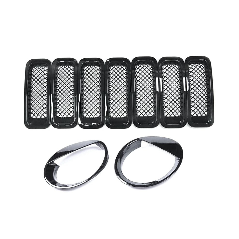 9Pcs Front Grille Grill Mesh Grille Insert Kit + Style Headlight Lamp Cover Trim for Patriot 2011-2016