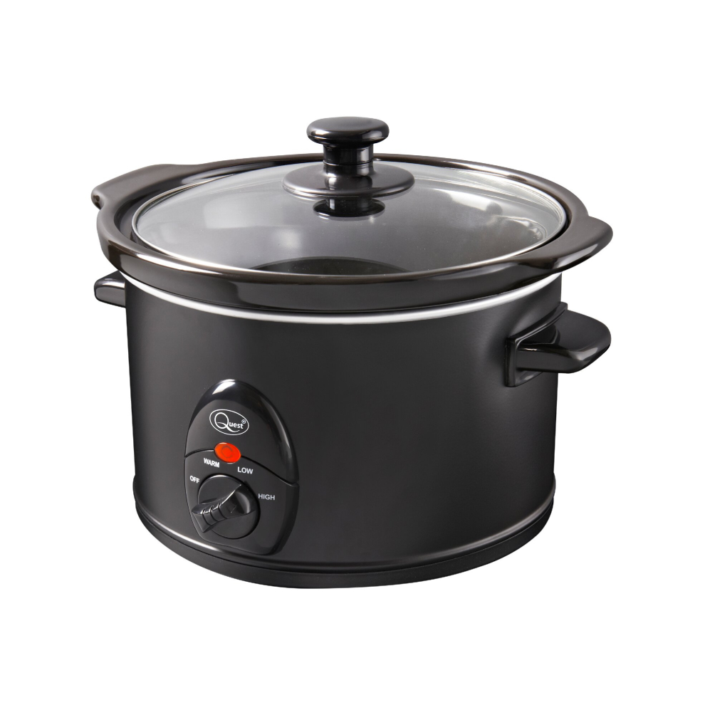 Quest (1.5 L) Black Slow Cookers / Compact Stainless Steel / 3 Temperature Settings / Toughened Glass Lid / Dishwasher Safe Bowl