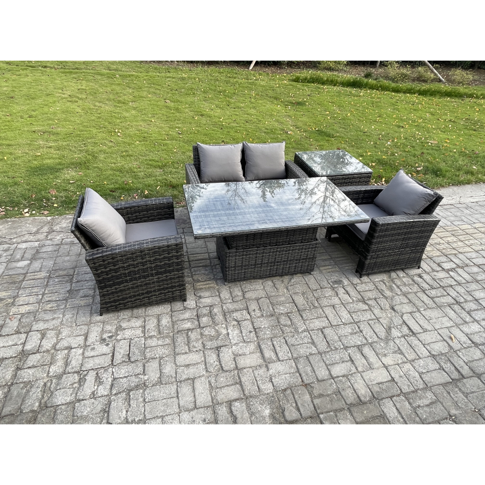 Fimous Outdoor Garden Dining Sets 4 Seater Rattan Patio Furniture Sofa Set with Rising Lifting Table Side Table