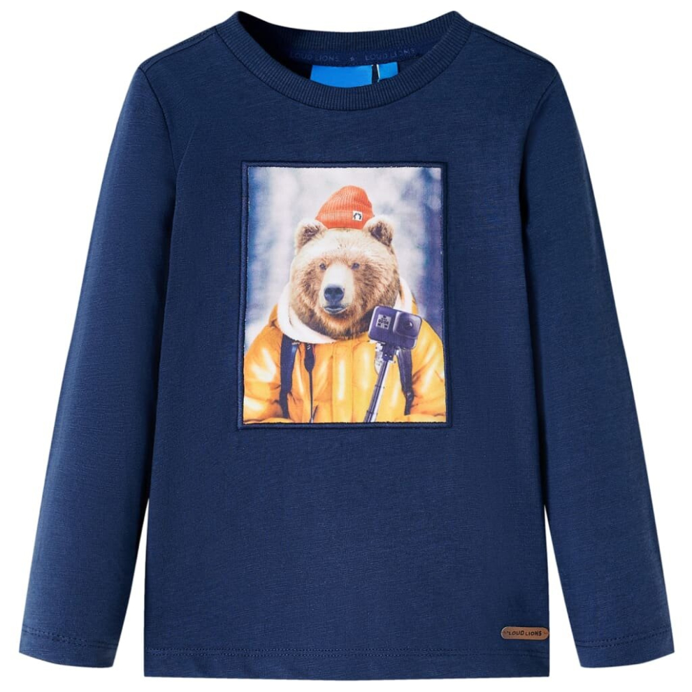 (104) Kids' T-shirt with Long Sleeves Children's T Shirt Tee Bear Print Navy Melange