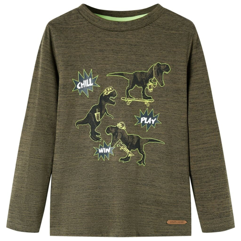 (116) Kids' T-shirt with Long Sleeves T Shirt Tee Dinosaur Print Dark Khaki Melange