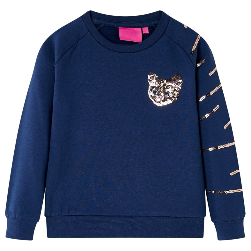 (92) Kids' Sweatshirt with Sequined Cat Children Long Sleeves Pullover Top Navy