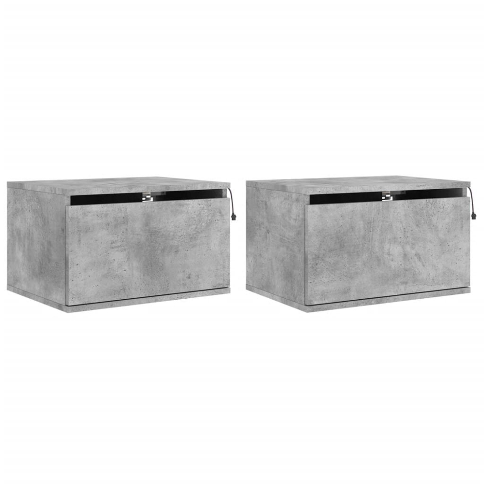 Vidaxl (Concrete Grey, 2 Pcs) Wall-Mounted Bedside Cabinets With Led Lights Nightstand Wall Units