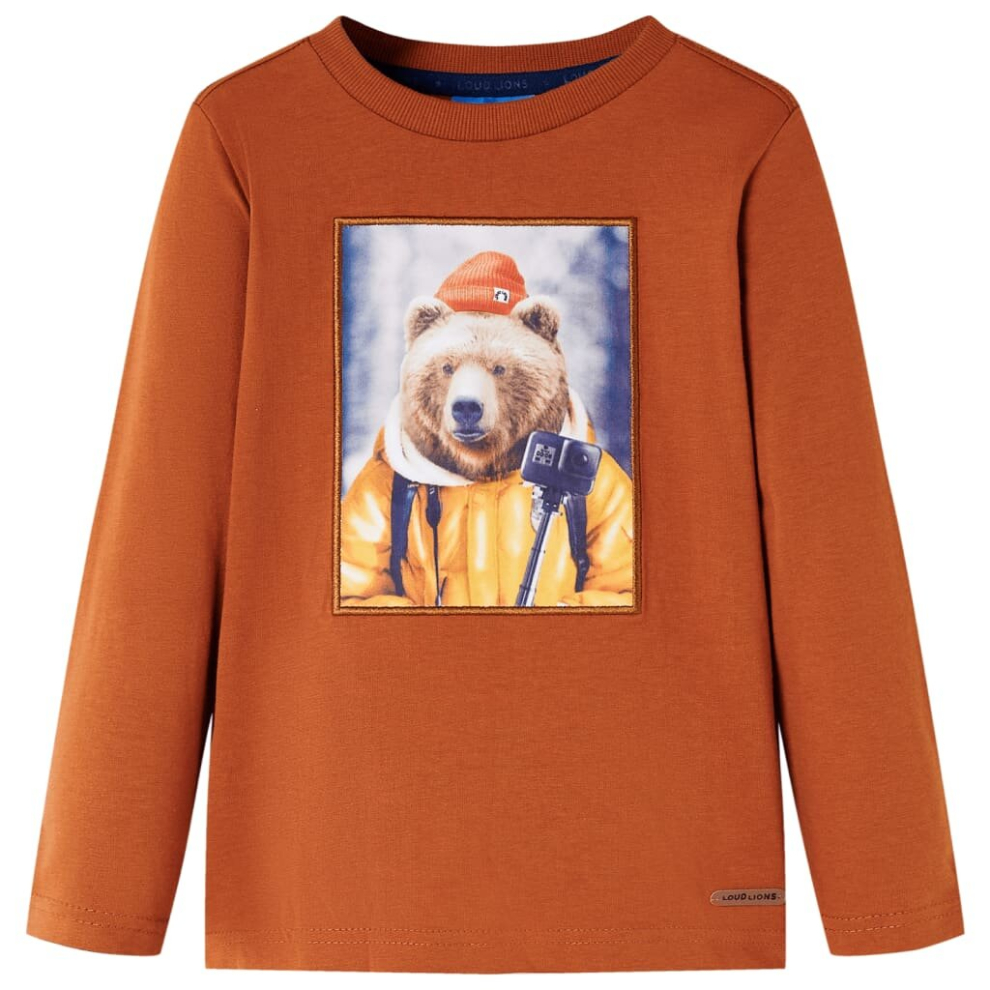 Vidaxl (116) Kids' T-Shirt With Long Sleeves Children's T Shirt Tee Bear Print Burnt Orange