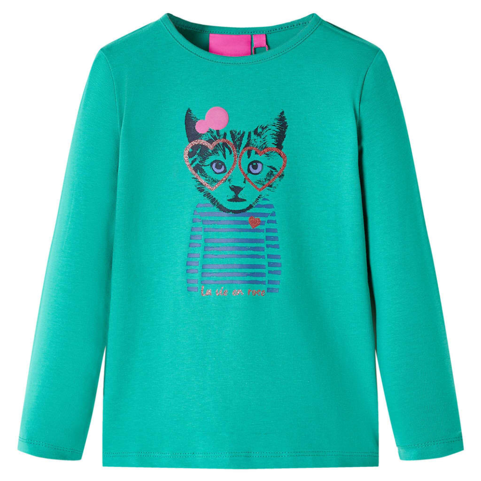 Vidaxl (Bright 116) Kids' T-Shirt With Long Sleeves Children's T Shirt Kids' Tops Tee Cat Print Green