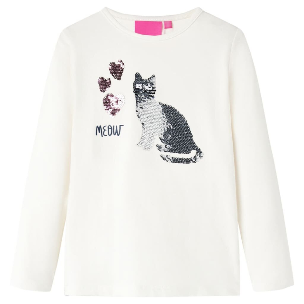 Vidaxl (Ecru, 128) Kids' T-Shirt With Long Sleeves Children's T Shirt Tops Tee Sequin Cat Design