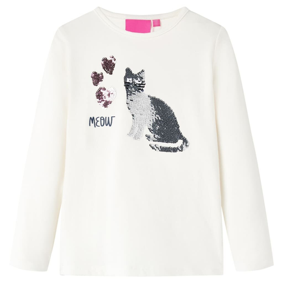 (ecru, 92) Kids' T-shirt with Long Sleeves Children's T Shirt Tops Tee Sequin Cat Design