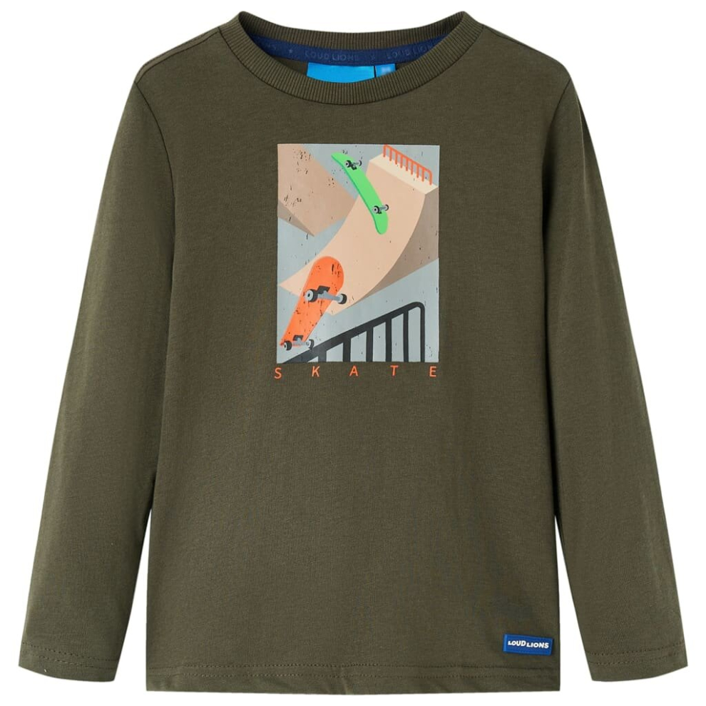 (140) Kids' T-shirt with Long Sleeves Children's T Shirt Tee Skateboard Print Khaki