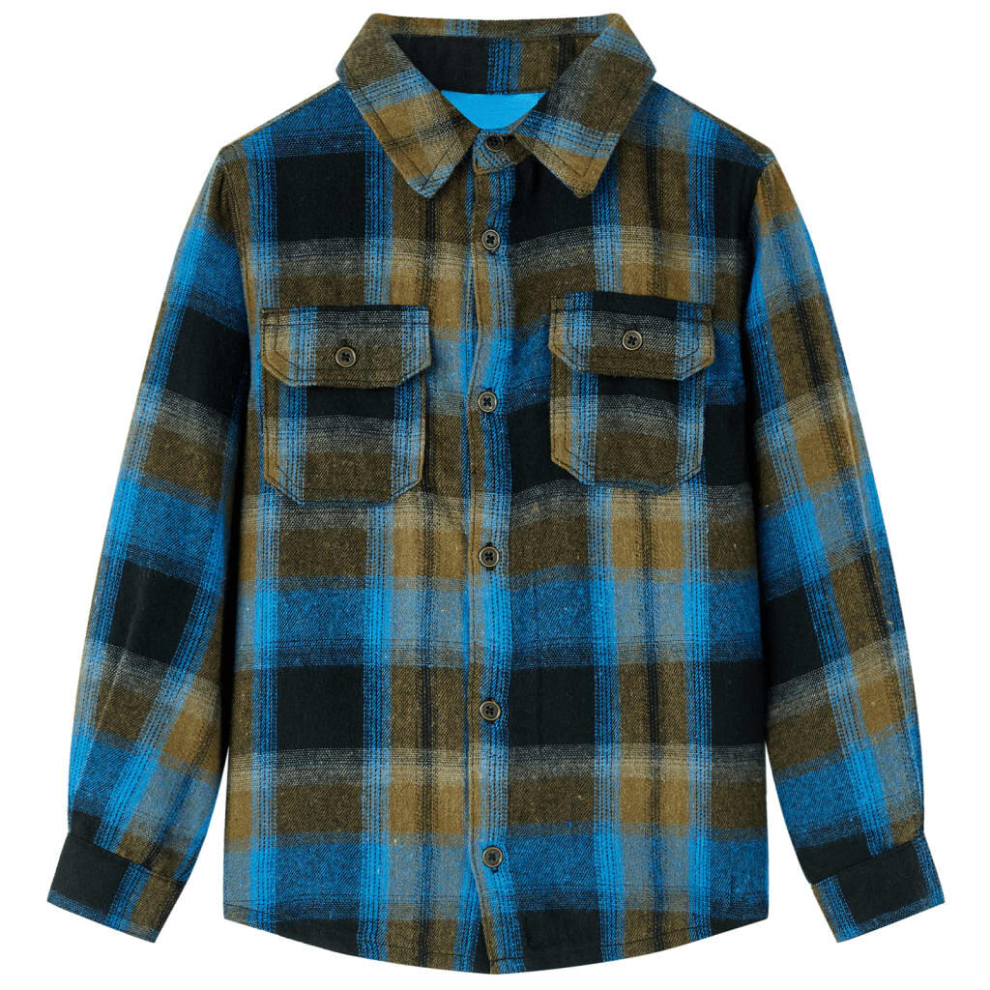 (92) Kids' Shirt with Turn Down Collar Children Button Down Casual Plaid Shirt