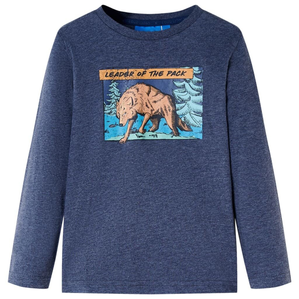 (92) Kids' T-shirt with Long Sleeves Top T Shirt Tee Wolf Print Dark Blue Melange