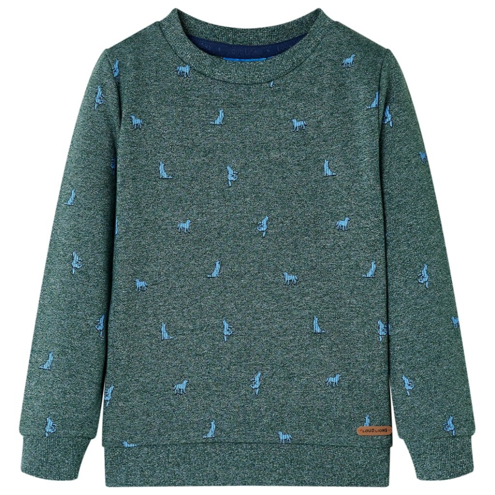 (128) Kids' Sweatshirt Long Sleeves Pullover Kids' Top Dog Print Dark Green Melange