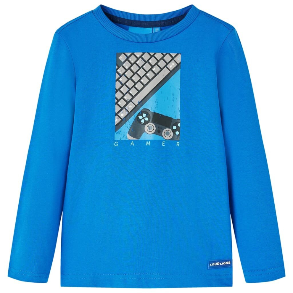 (92) Kids' T-shirt with Long Sleeves Tee Gamepad and Keyboard Print Cobalt Blue