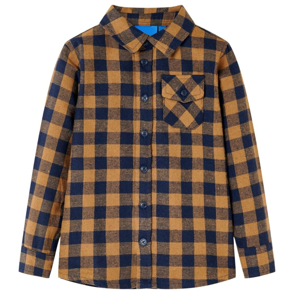 (104) Kids' Plaid Shirt Long Sleeves Children's Shirt Toddler Top Cognac and Blue