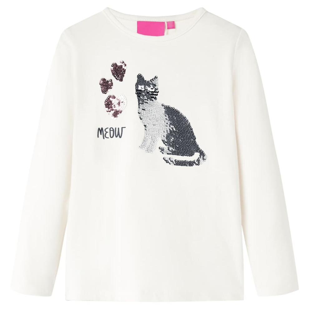 (ecru, 140) Kids' T-shirt with Long Sleeves Children's T Shirt Tops Tee Sequin Cat Design