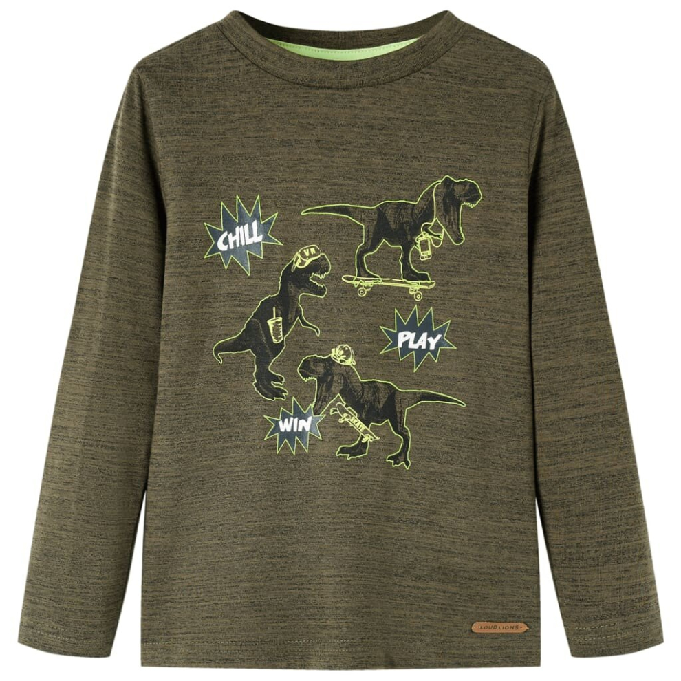 (92) Kids' T-shirt with Long Sleeves T Shirt Tee Dinosaur Print Dark Khaki Melange