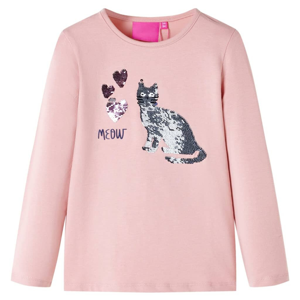 Vidaxl (Light Pink, 128) Kids' T-Shirt With Long Sleeves Children's T Shirt Tops Tee Sequin Cat Design