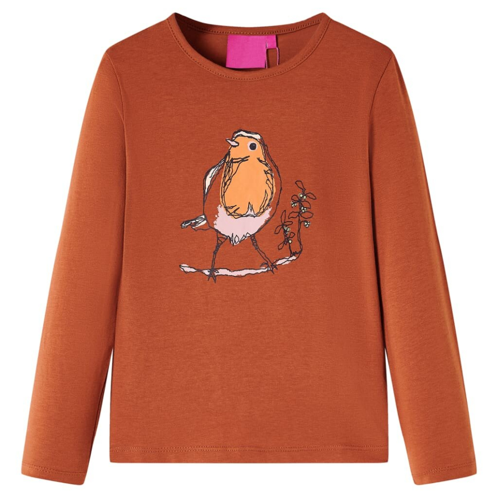 (104) Kids' T-shirt with Long Sleeves Children's T Shirt Tops Tee Bird Print Cognac