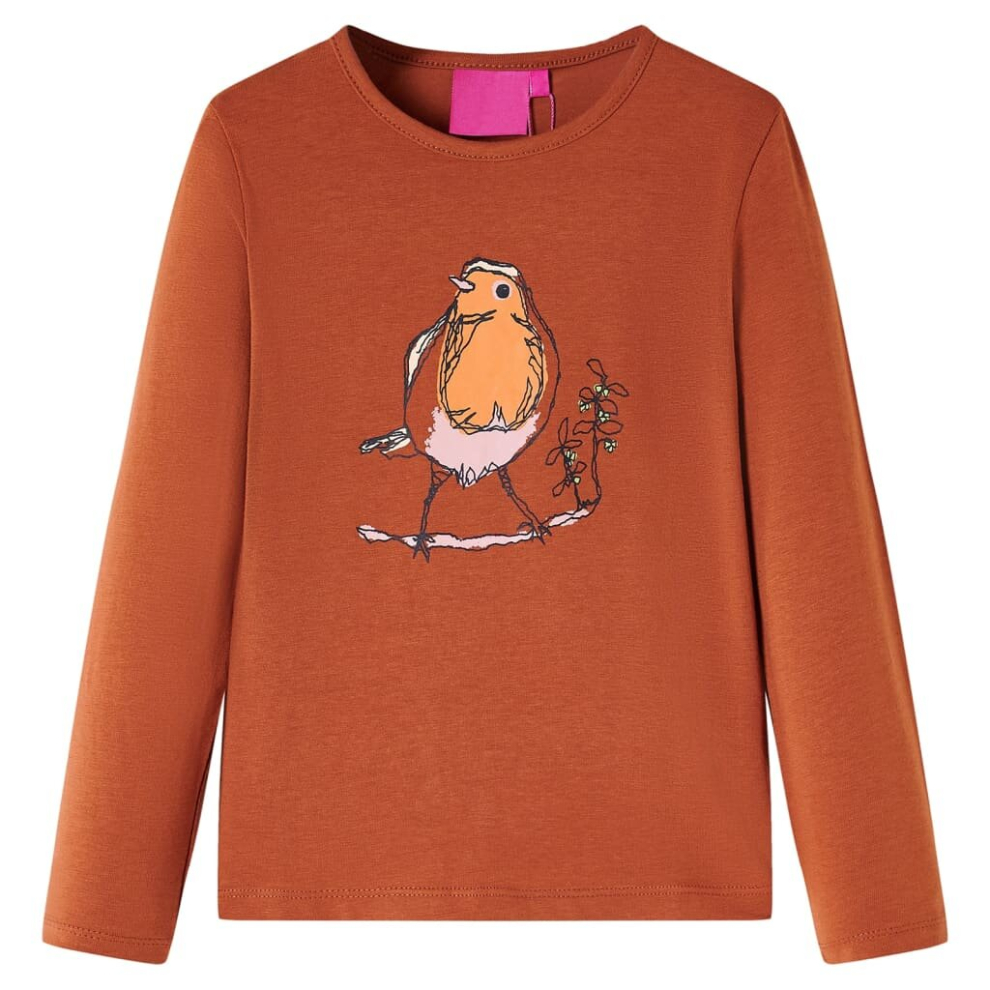 (128) Kids' T-shirt with Long Sleeves Children's T Shirt Tops Tee Bird Print Cognac