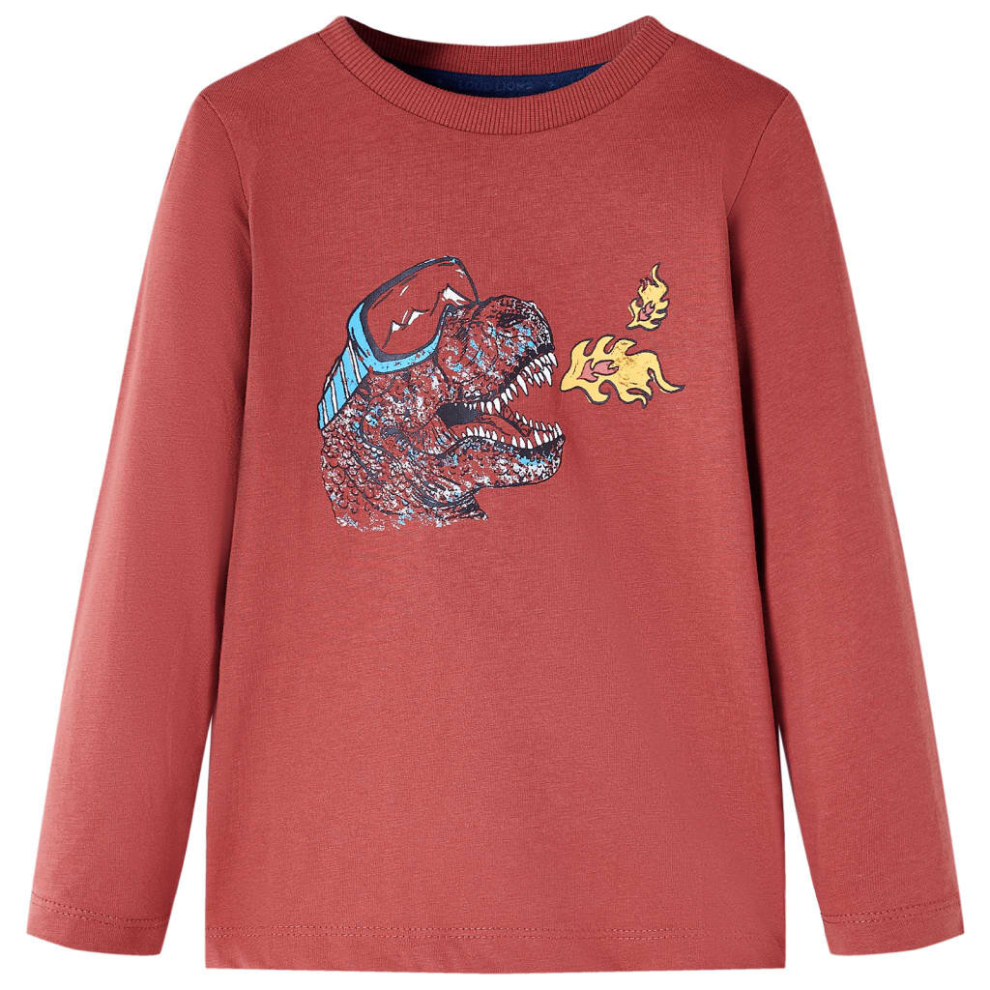 (92) Kids' T-shirt with Long Sleeves Children T Shirt Tee Dinosaur Print Burnt Red