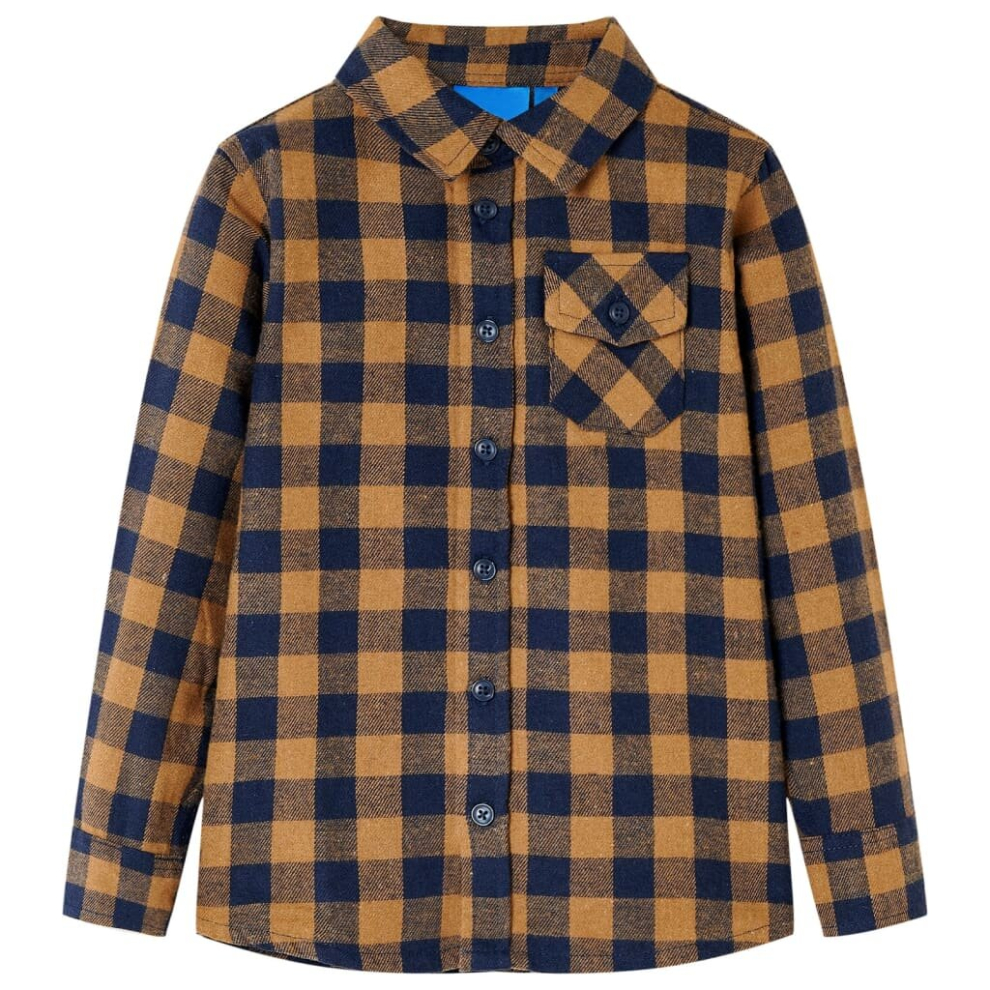 (92) Kids' Plaid Shirt Long Sleeves Children's Shirt Toddler Top Cognac and Blue