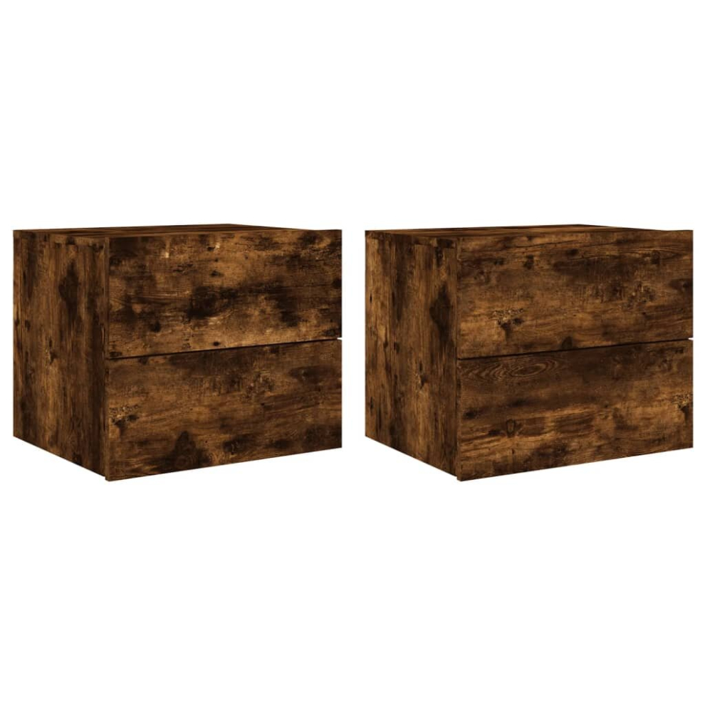 Vidaxl (Smoked Oak, 2 Pcs) Wall-Mounted Bedside Cabinets With Led Lights Nightstand Wall Units