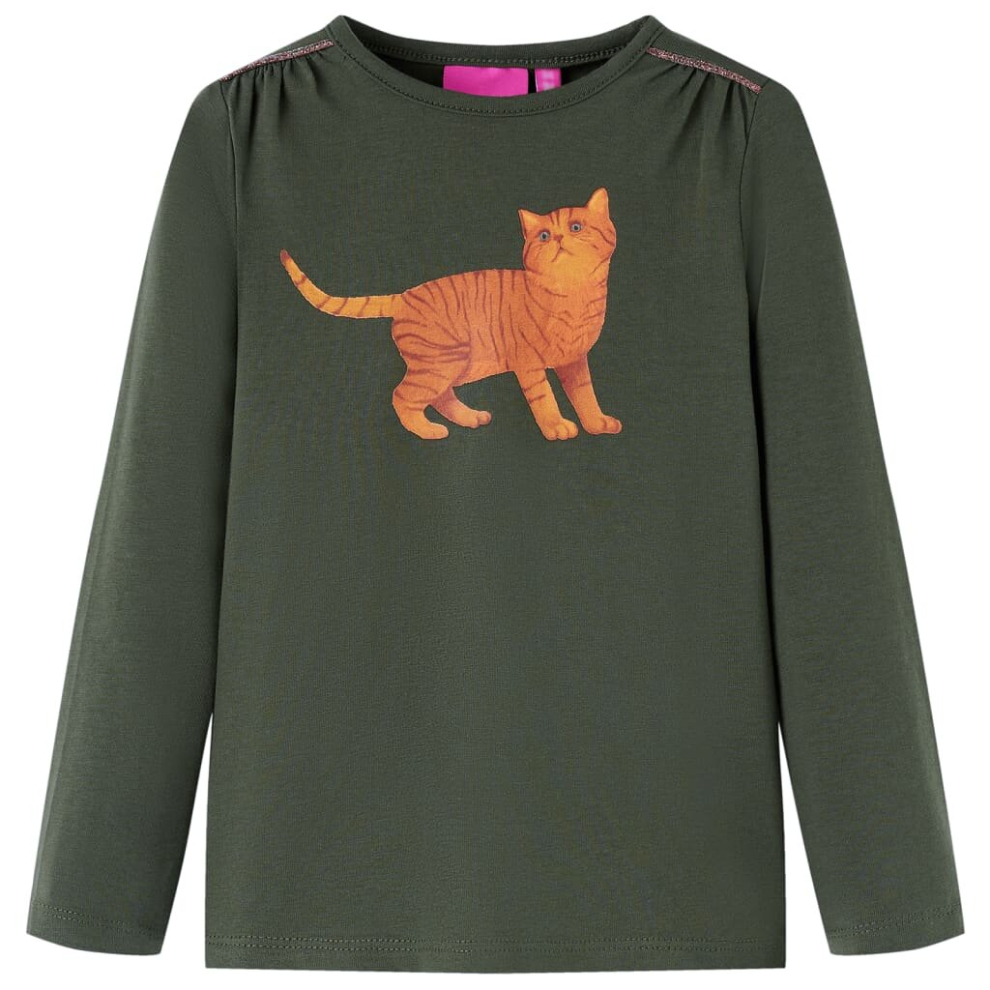 Vidaxl (Khaki, 116) Kids' T-Shirt With Long Sleeves Children's T Shirt Kids' Tops Tee Cat Print