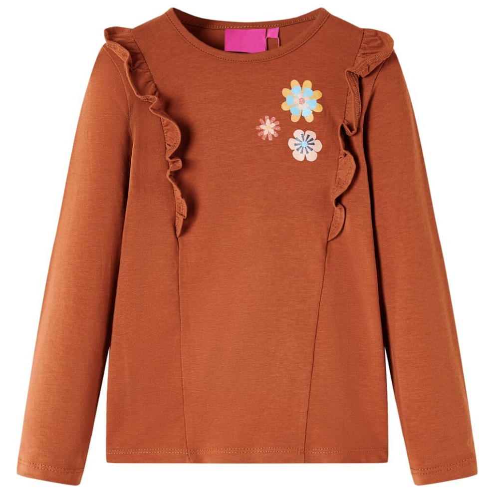Vidaxl (Cognac, 128) Kids' T-Shirt With Long Sleeves Children T Shirt Flowers Print Dark Ochre 128 Brown