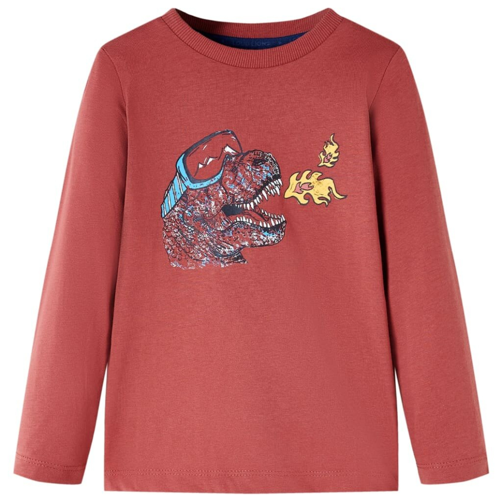 Vidaxl (128) Kids' T-Shirt With Long Sleeves Children T Shirt Tee Dinosaur Print Burnt Red