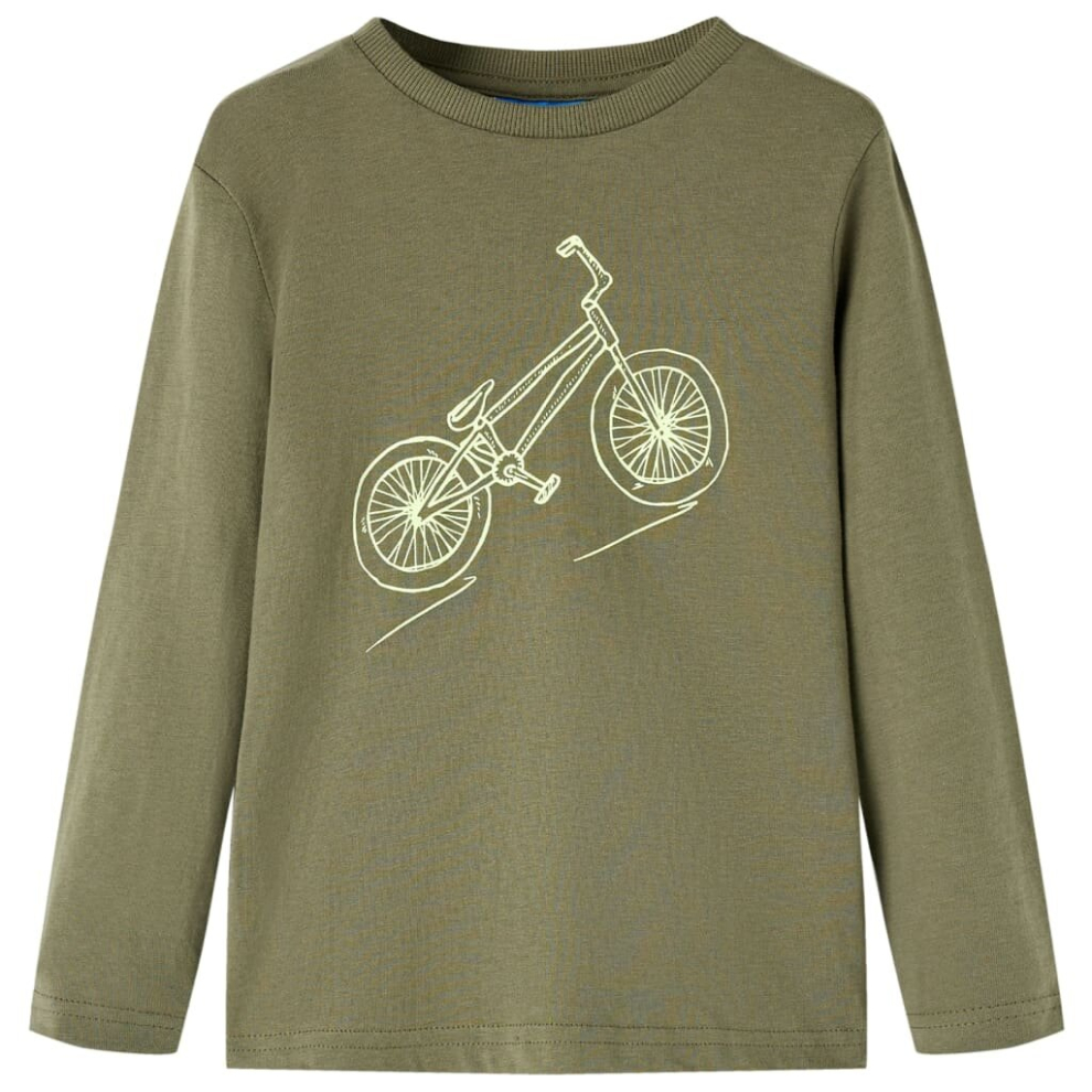 (116) Kids' T-shirt with Long Sleeves Children's T Shirt Tops Tee Bike Print Khaki