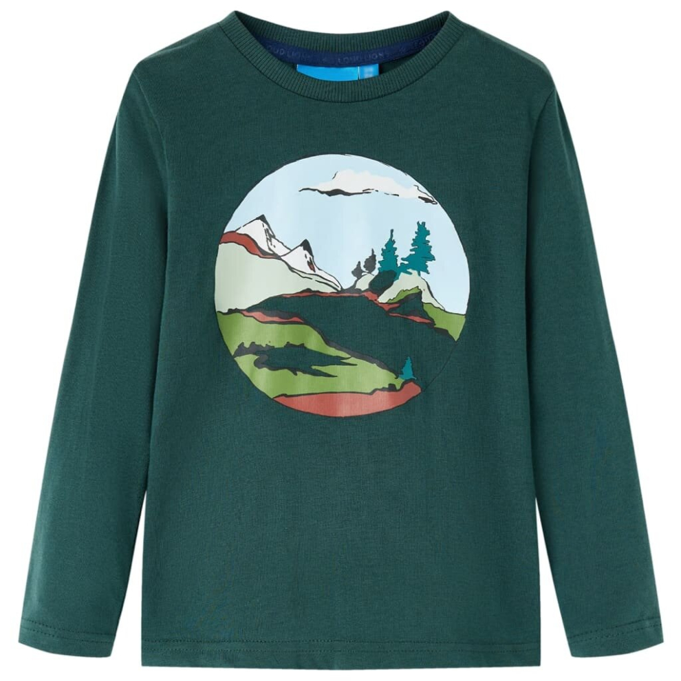 (116) Kids' T-shirt with Long Sleeves T Shirt Tee Mountain and Tree Print Dark Green