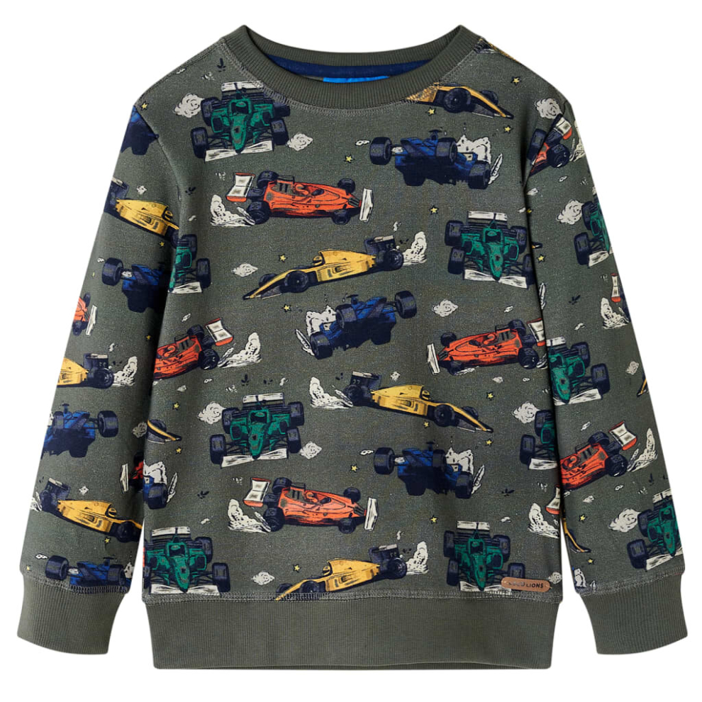 (104) Kids' Sweatshirt Long Sleeves Toddler Pullover Top Racing Cars Print Khaki