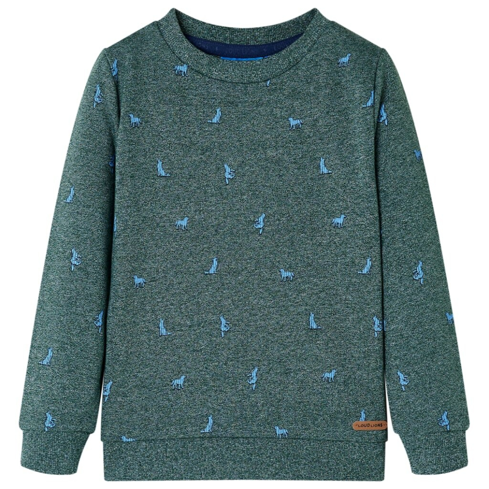 (140) Kids' Sweatshirt Long Sleeves Pullover Kids' Top Dog Print Dark Green Melange