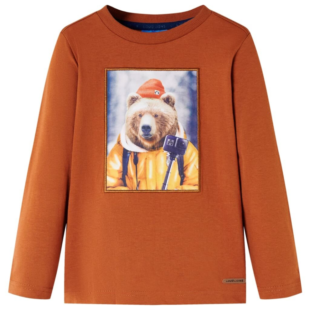 Vidaxl (128) Kids' T-Shirt With Long Sleeves Children's T Shirt Tee Bear Print Burnt Orange