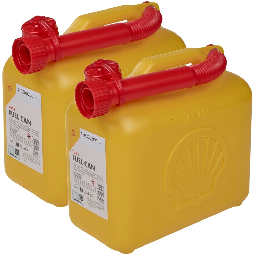 Urbn Living 2 X 5L Shell Fuel Petrol Diesel Jerry Can Gas Tank Handle & Pouring Nozzle Spout