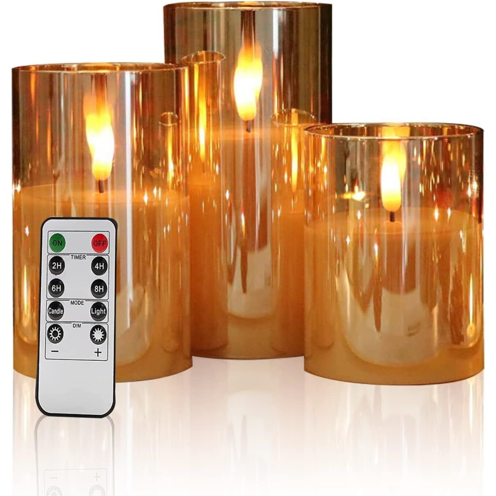 (Gold) 3 Pack Glass Candles Wax LED Set With Remote Control Timer Flameless Flickering