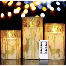3-Pack Gold Elk Eldnacele Gray Glass Flameless Candles with Remote—Realistic Flicker, Timer (4/8h), Unscented