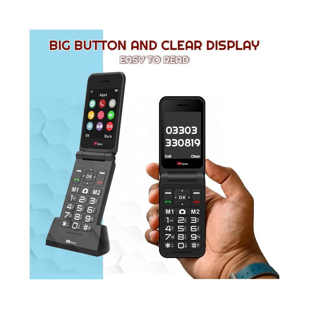TTfone TT760 BLACK Flip 4G Big Button Mobile Phone for the Elderly with Emergency Assistance button with Vodafone Sim Card
