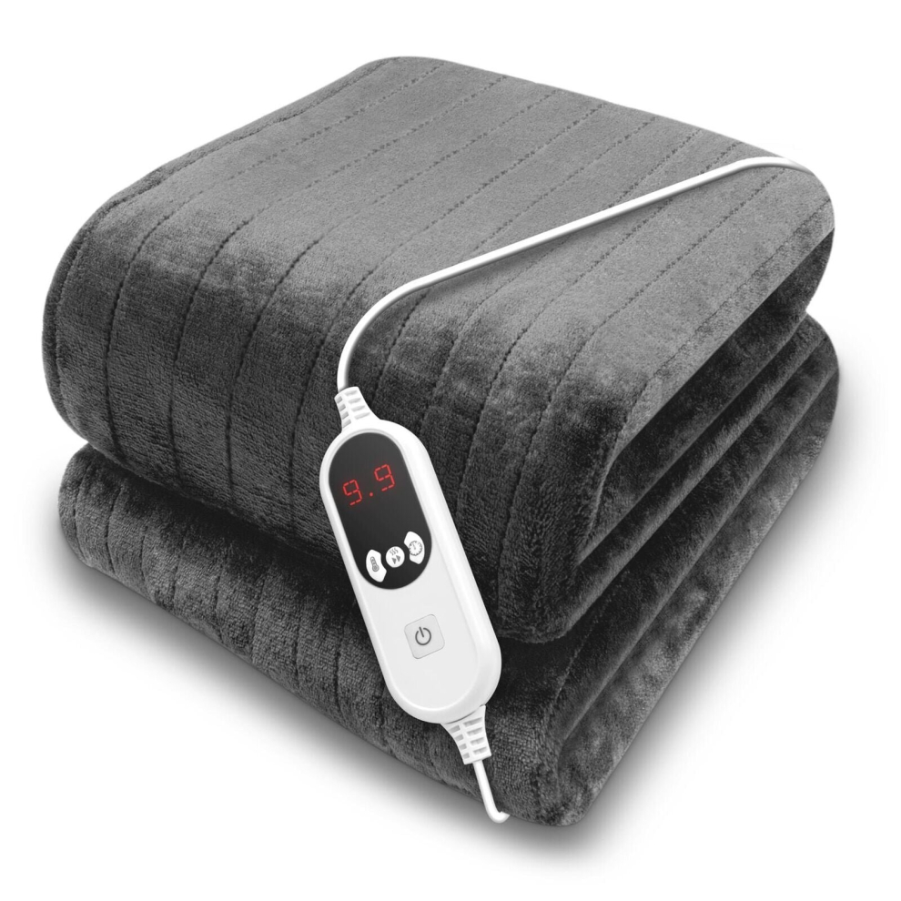 LUXURIOUS ELECTRIC HEATED THROW SOFT FLEECE GREY over BLANKET DOUBLE SINGLE