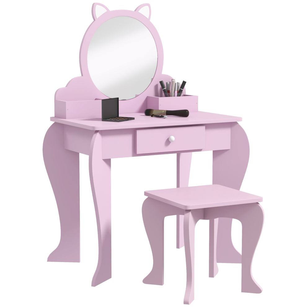 ZONEKIZ Kids Dressing Table, Cat Design w/ Mirror, Stool, Drawer, Storage Box