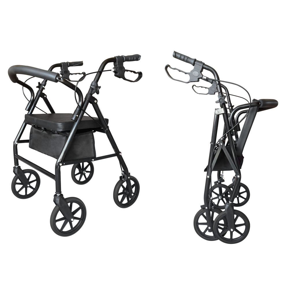 Black Folding Rollator Mobility Walker 4 Wheeled Walking Elder Aid W/ Seat