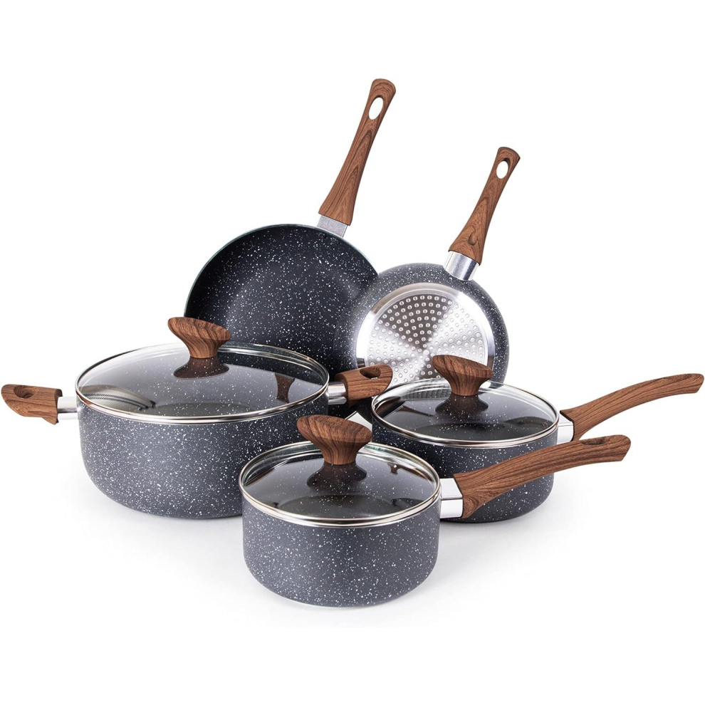 (8Pcs, Marble) Non Stick Pots And Pans Set – Induction Hob Pots Set – 5Pcs Kitchen Cookware With Lids – Cooking Granite Saucepan Pots And Frying Cream