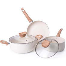 (5pcs, Cream Granite) Non Stick Pots and Pans Set – Induction Hob Pots Set – 5pcs Kitchen Cookware with Lids – Cooking Cream Granite Saucepan Pots and Frying Pans