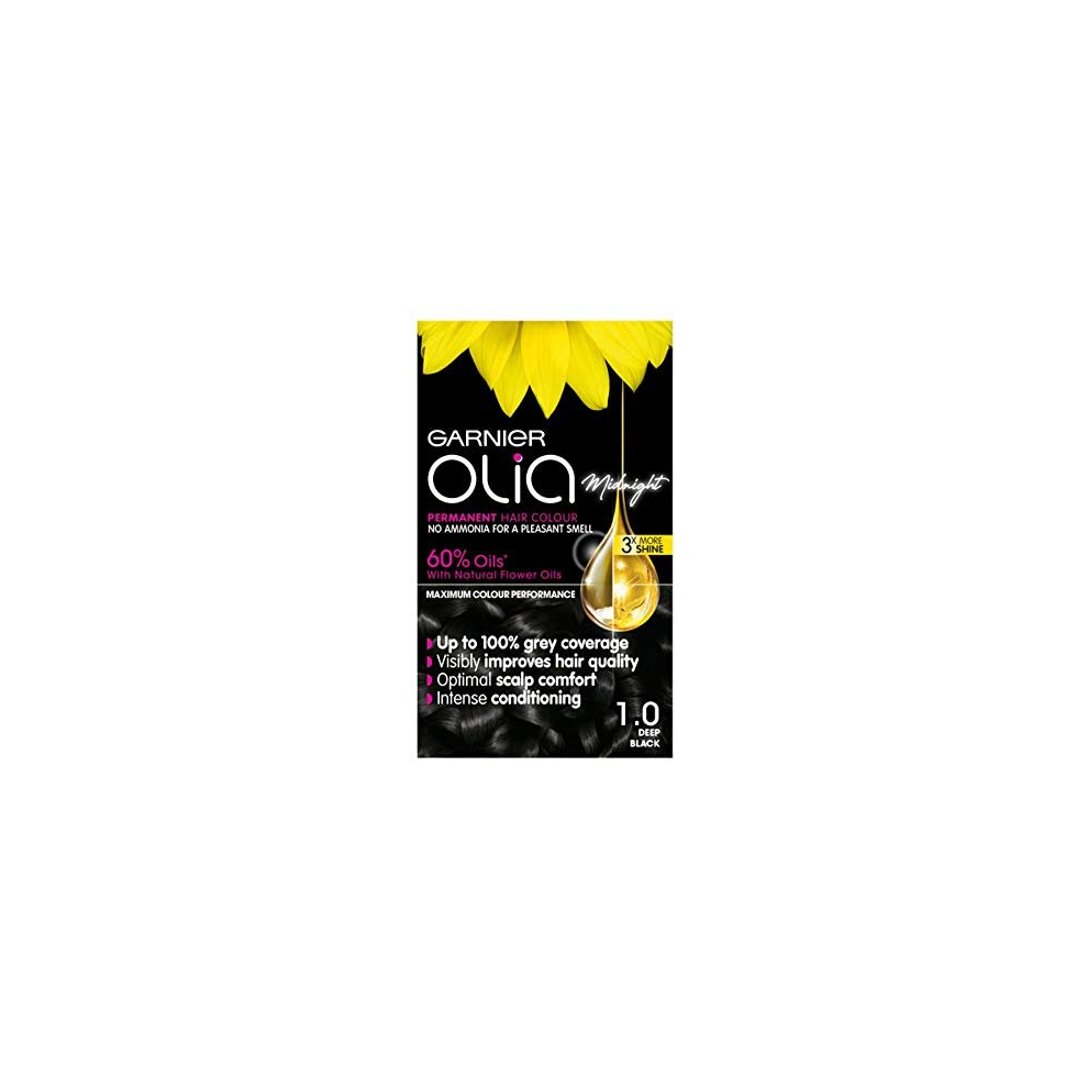 Garnier Olia Permanent Hair Dye, Up to 100 percent Grey Hair Coverage, No Ammonia, 60 percent Oils, Midnight 1.0 Deep Black