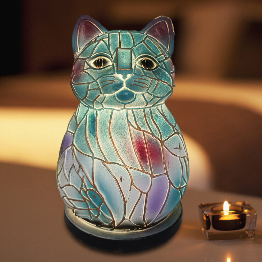 (Cat) Resin Stained Glass Lamp Animal Table Lamp Series Night Light Lion Dolphin Wolf Owl Horse Colored Stained Glass Bedside Lights