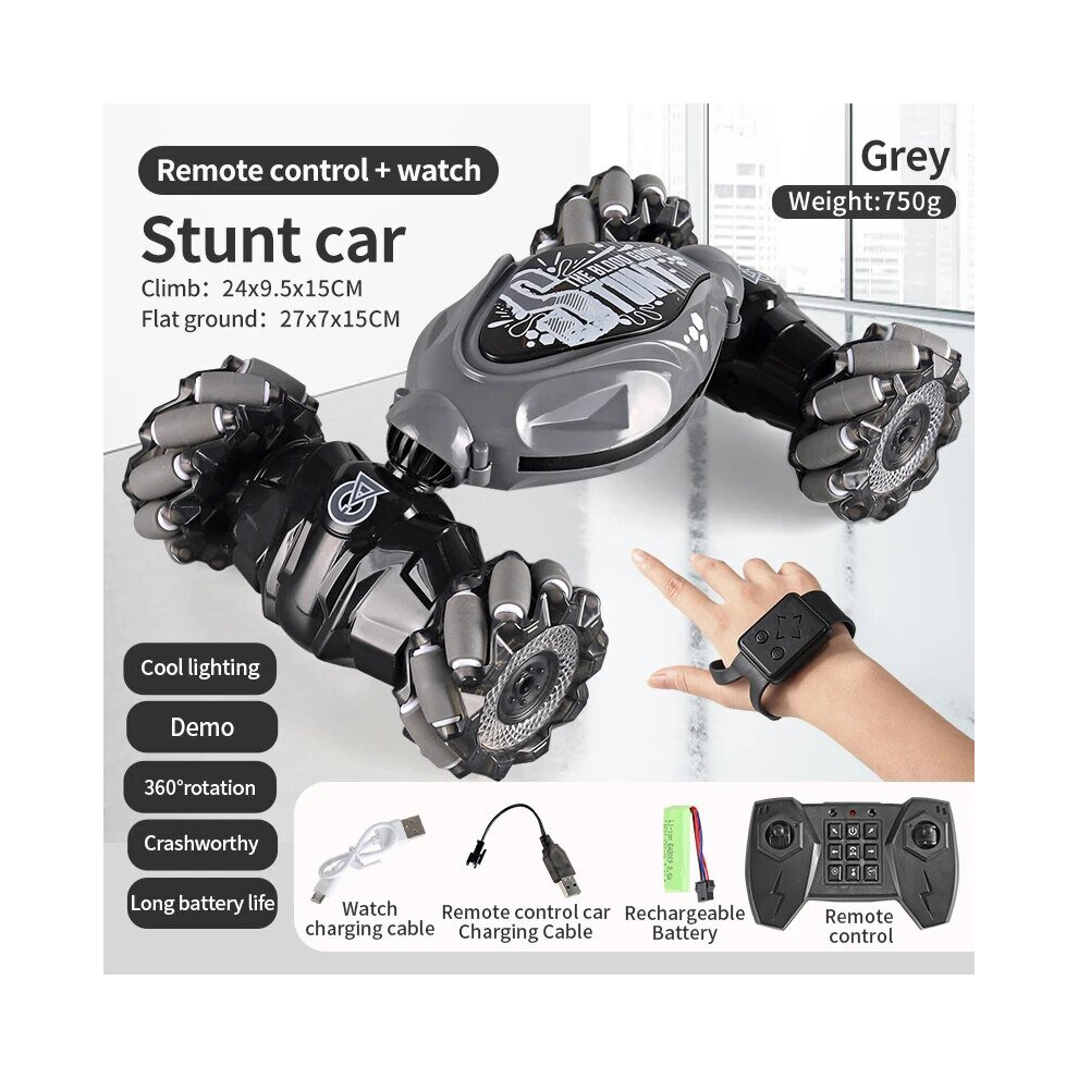 (Grey Dual control) 4WD 1:16 Stunt RC Car With LED Light Gesture Induction Deformation Twist Climbing Radio Controlled Car Electronic Toys for Kids