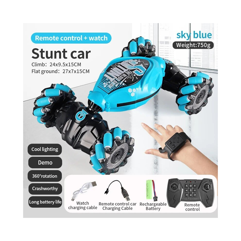 (Blue Dual control) 4WD 1:16 Stunt RC Car With LED Light Gesture Induction Deformation Twist Climbing Radio Controlled Car Electronic Toys for Kids