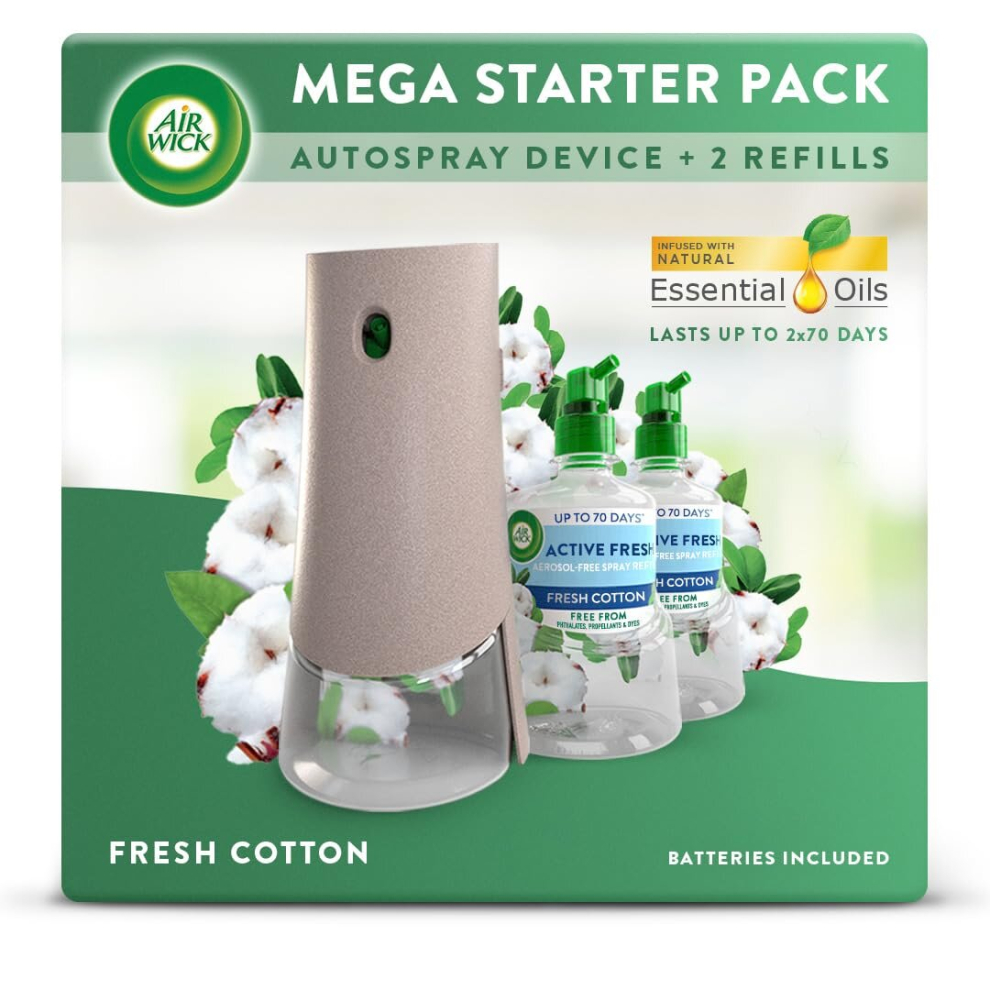 Air Wick Aerosol-Free Automatic Air Freshener Spray Starter Kit, Fresh Cotton, 1 Gadget, 2 Refills & 2 Aa Batteries,